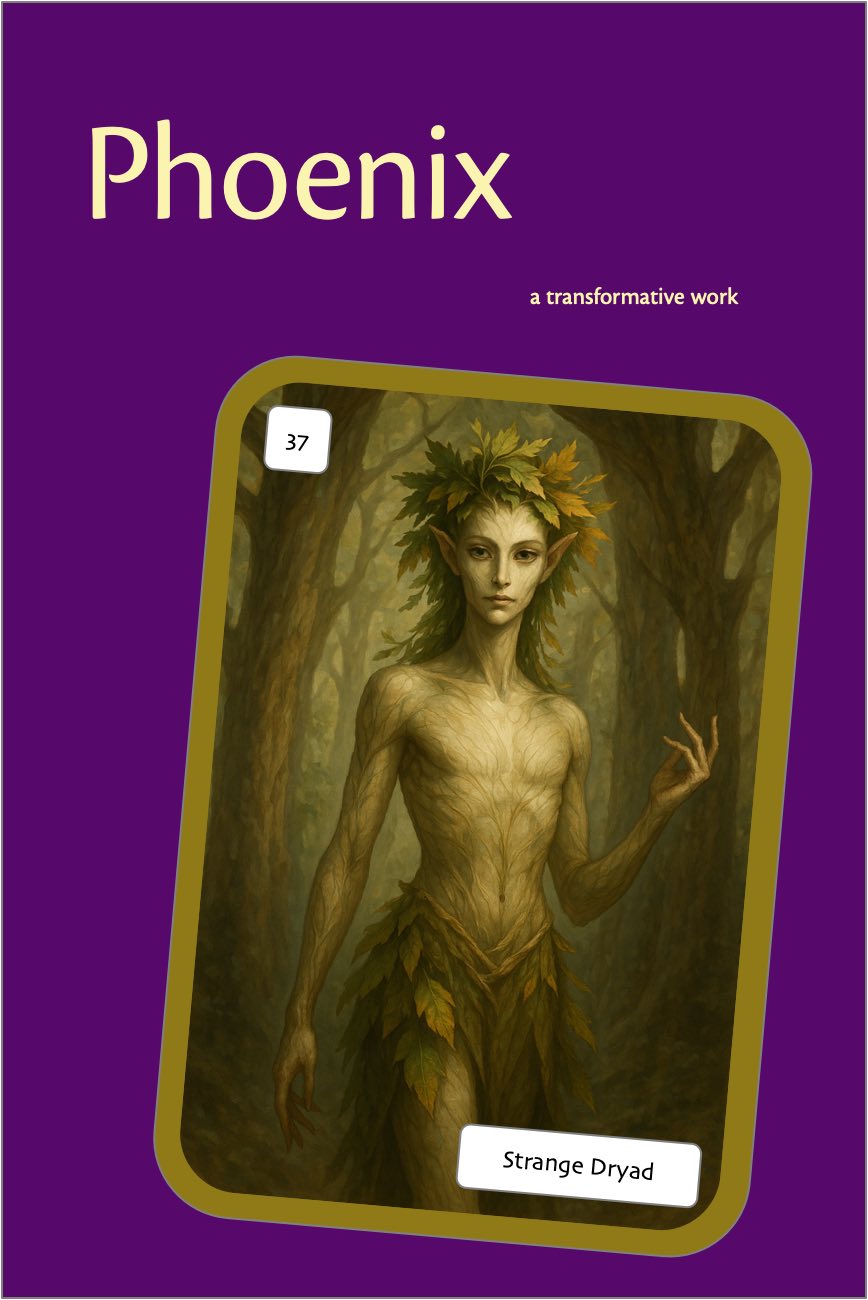 Book cover image for Phoenix (a trading-card style illustration labeled “Strange Dryad”, where the card shows a dryad of indeterminate gender and an air of mystery).